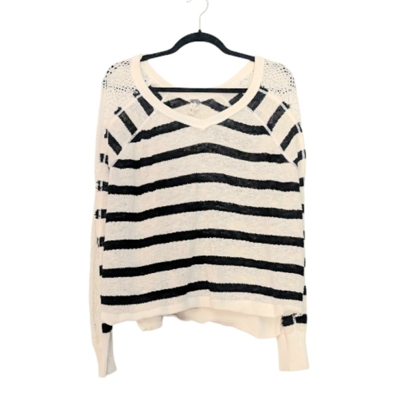 We The Free Tops - We The Free Free People Striped Crochet Sleeve V-Neck, Size Small